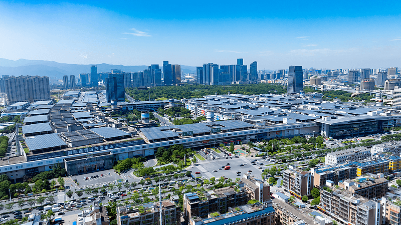 Panoramic view across the Yiwu market complex and surrounding city